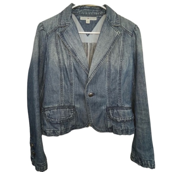 Tommy Hilfiger Vintage Denim Jacket Cropped Scalloped Puff Sleeve M - Picture 15 of 15